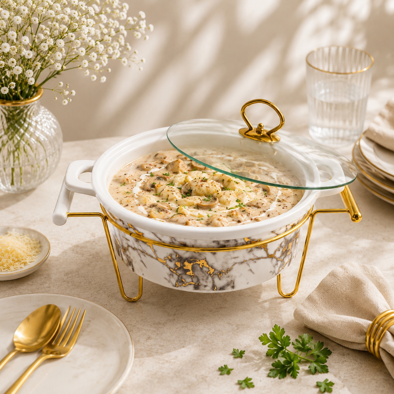S/W Ceramic Imperial White Warmer Casserole With Glass Lid AND Golden Metallic Stand