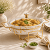 Brilliant 13.5-Inches Oval Ceramic Imperial White Casserole With Glass Lid AND Golden Metallic Stand