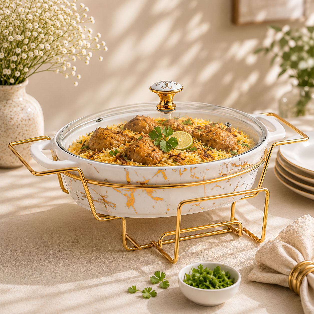 Brilliant 13.5-Inches Oval Ceramic Imperial White Casserole With Glass Lid AND Golden Metallic Stand