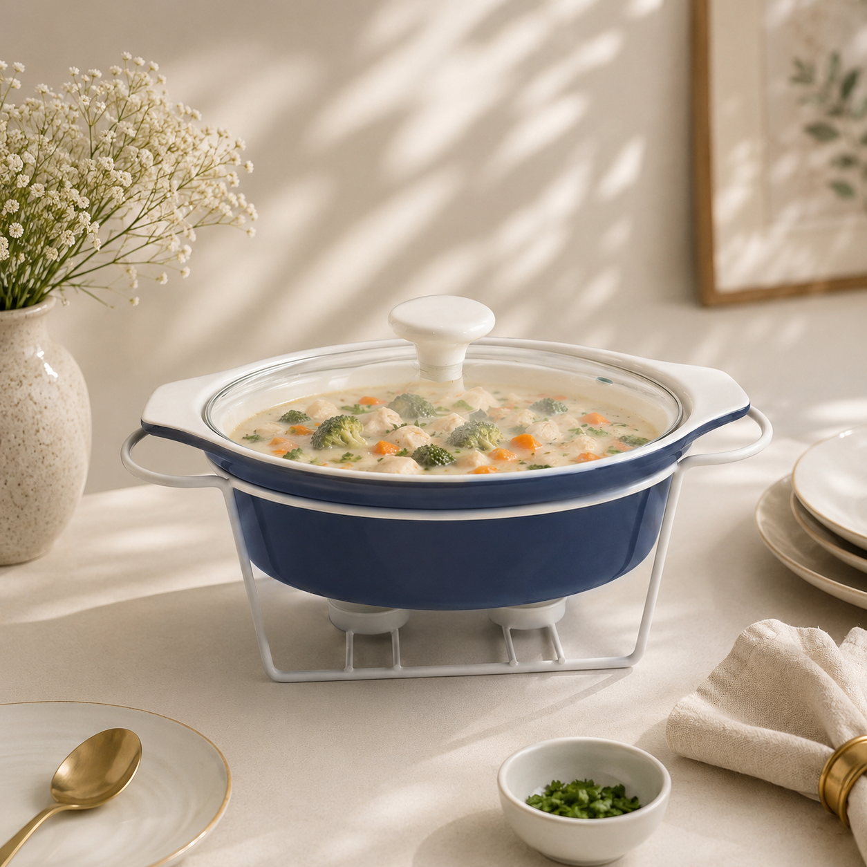 Brilliant Ceramic Oval Blue Plain Casseroles With Glass Lid AND White Metallic Stand