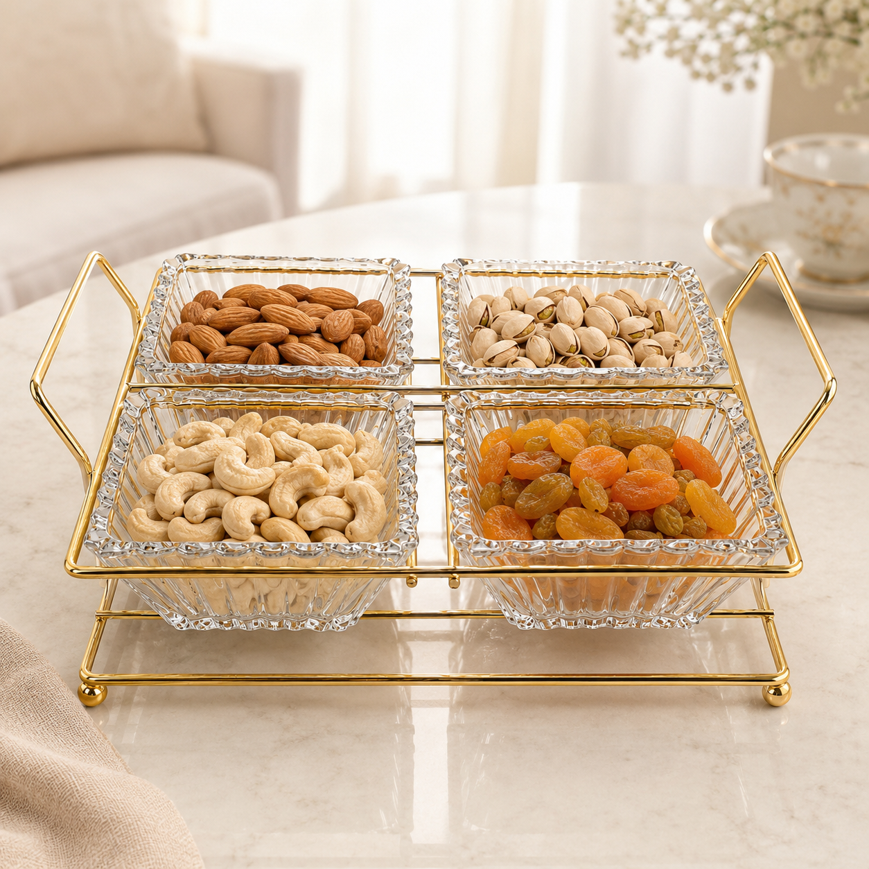 Danny Home 5-Piece Square Glass Serving Set With Golden Steel Stand
