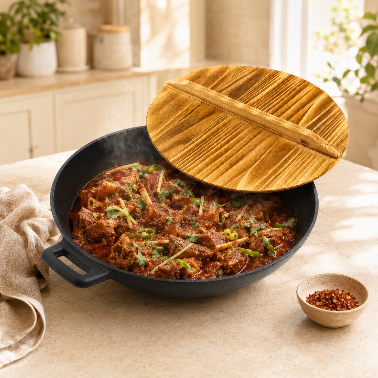 Prime Cast Iron Black Woks With Wooden Lid