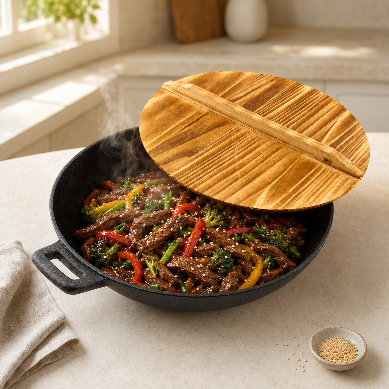 Prime Cast Iron Black Woks With Wooden Lid