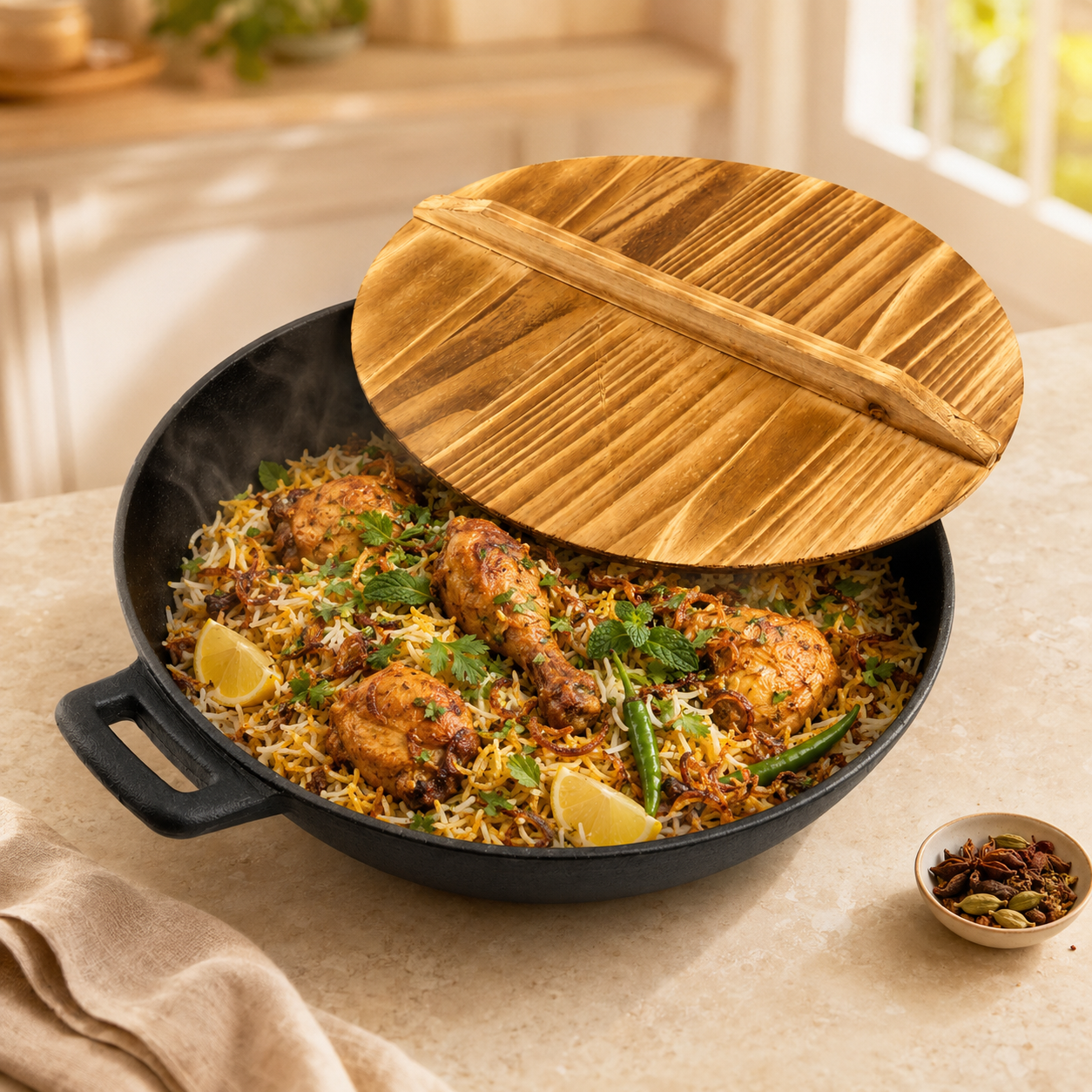 Prime Cast Iron Black Woks With Wooden Lid