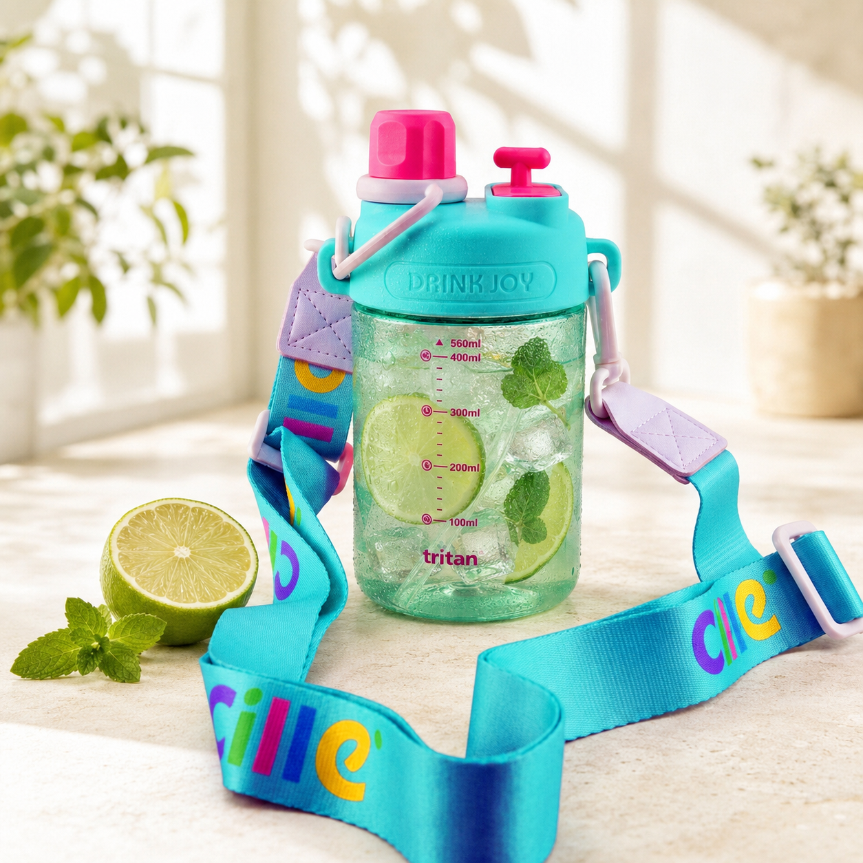 Cille 560 ML Kids Plastic Water Bottles With Straw, Spout AND Carry Strap