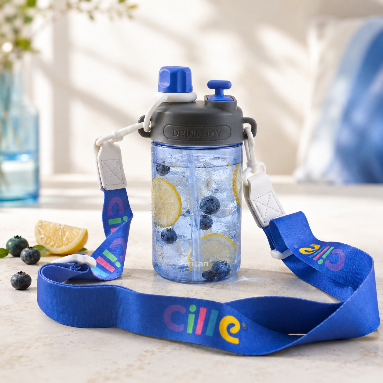 Cille 560 ML Kids Plastic Water Bottles With Straw, Spout AND Carry Strap