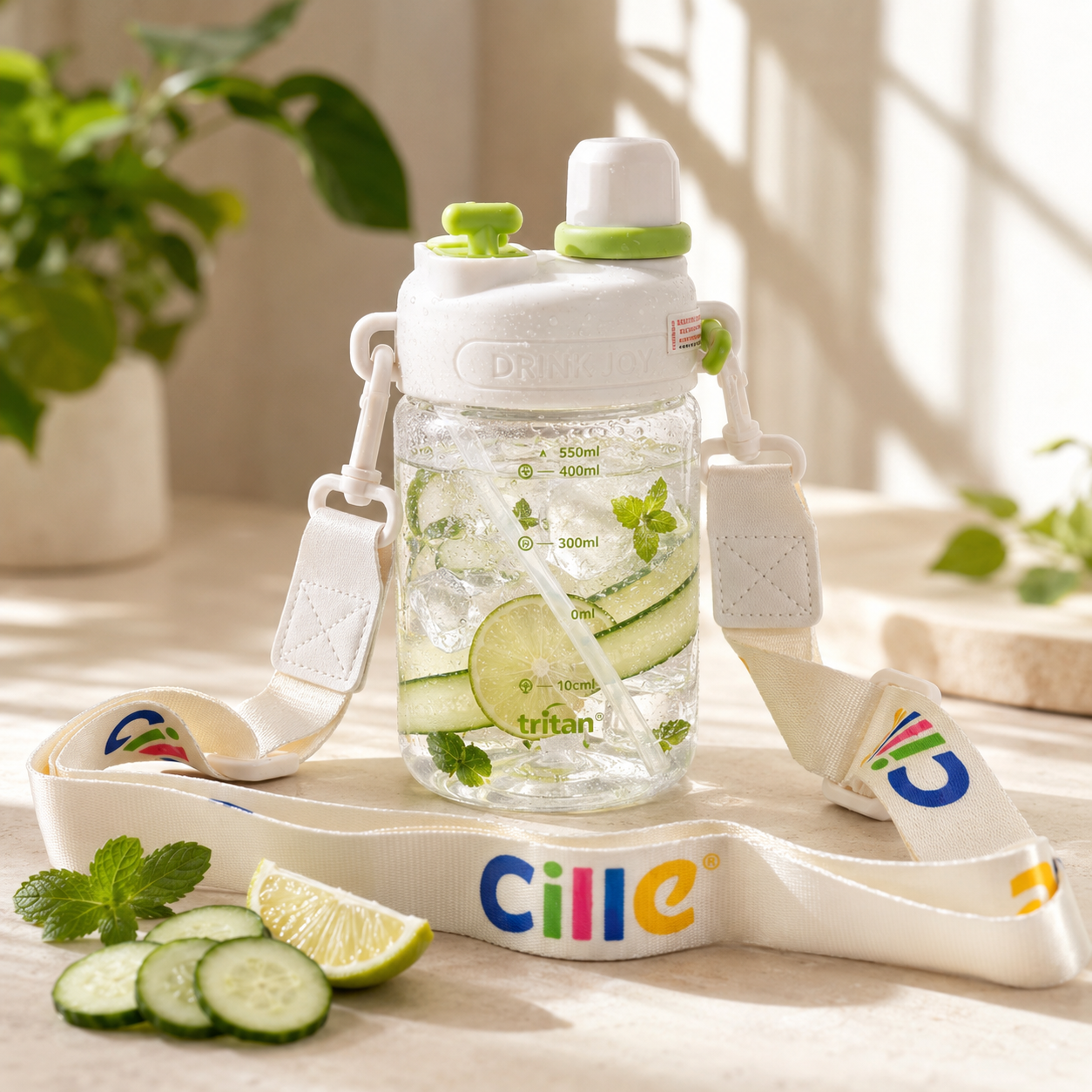 Cille 560 ML Kids Plastic Water Bottles With Straw, Spout AND Carry Strap