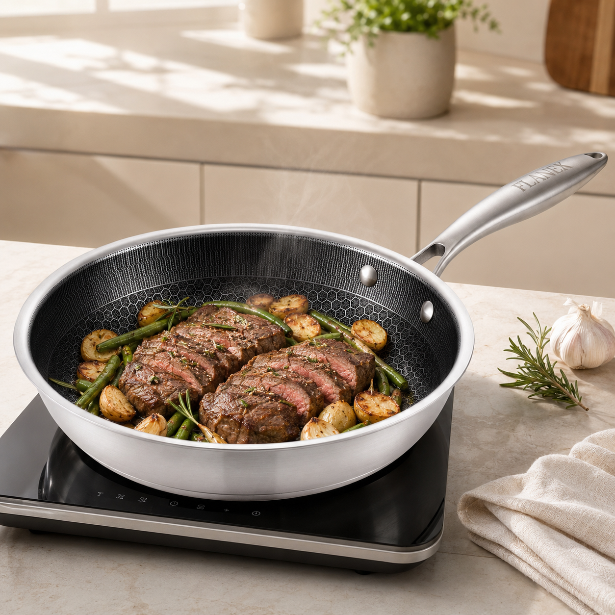 Flanek Stainless Steel Black And White Laser Coating Induction Frying Pan
