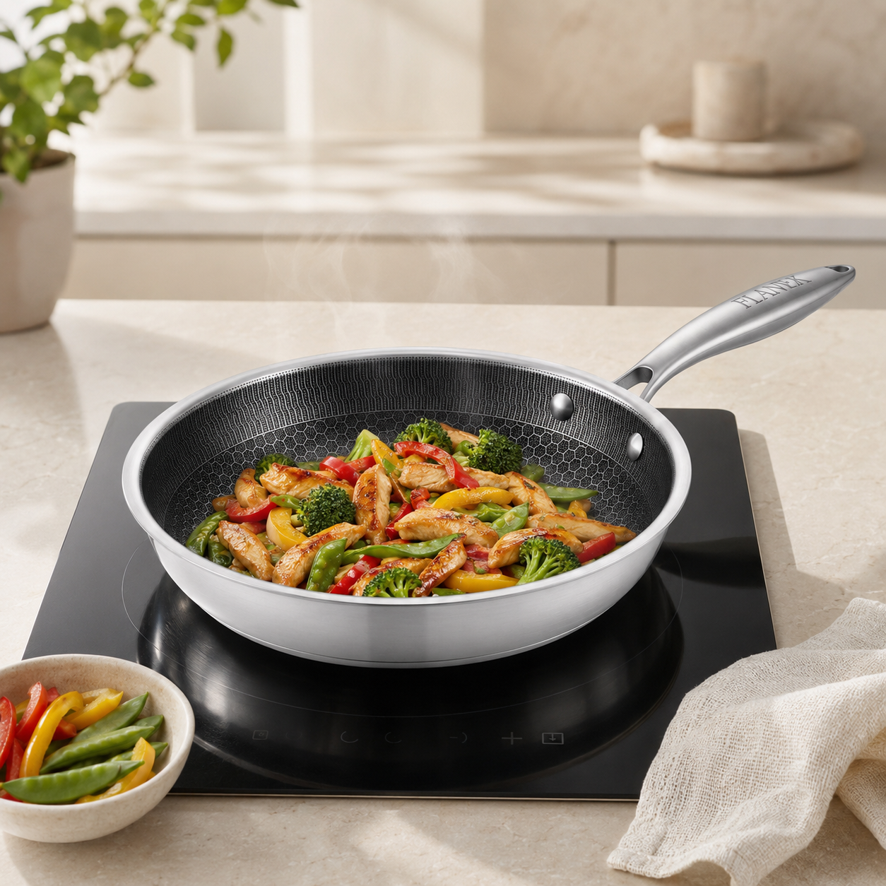 Flanek Stainless Steel Black And White Laser Coating Induction Frying Pan