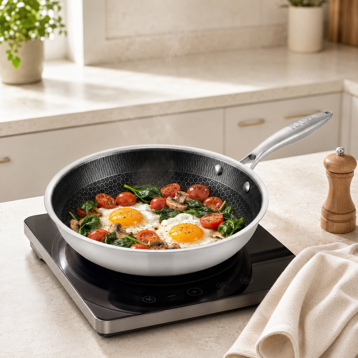 Flanek Stainless Steel Black And White Laser Coating Induction Frying Pan