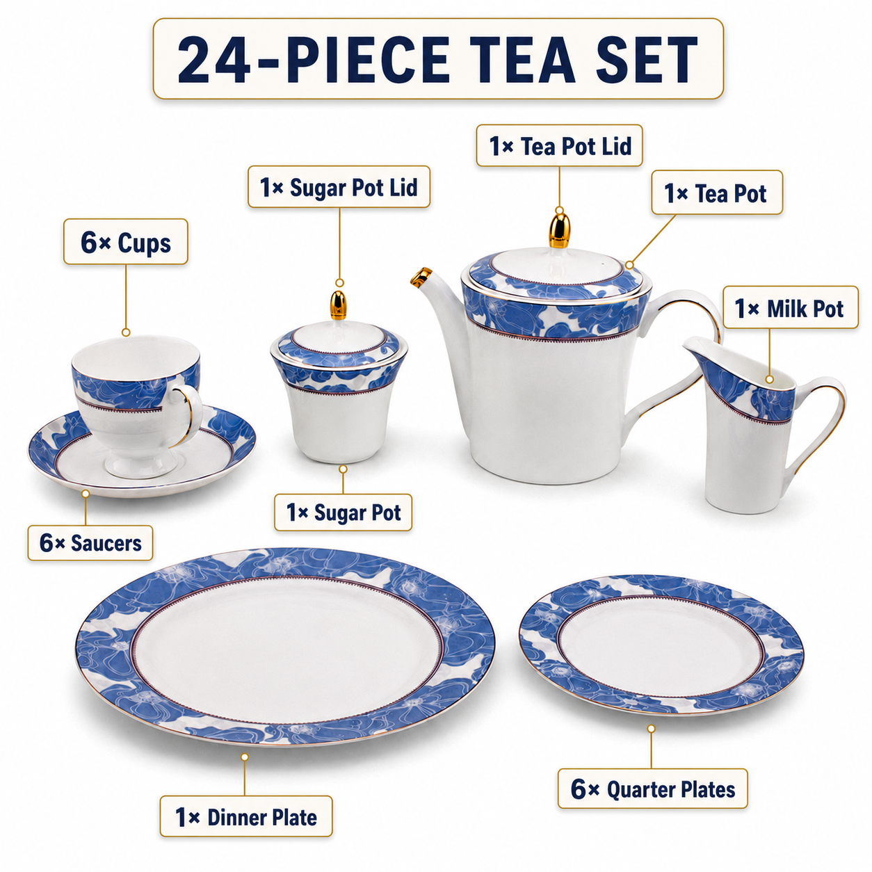 Onemore 24-Pieces 6-Serving Fine Bonne China Tea Sets