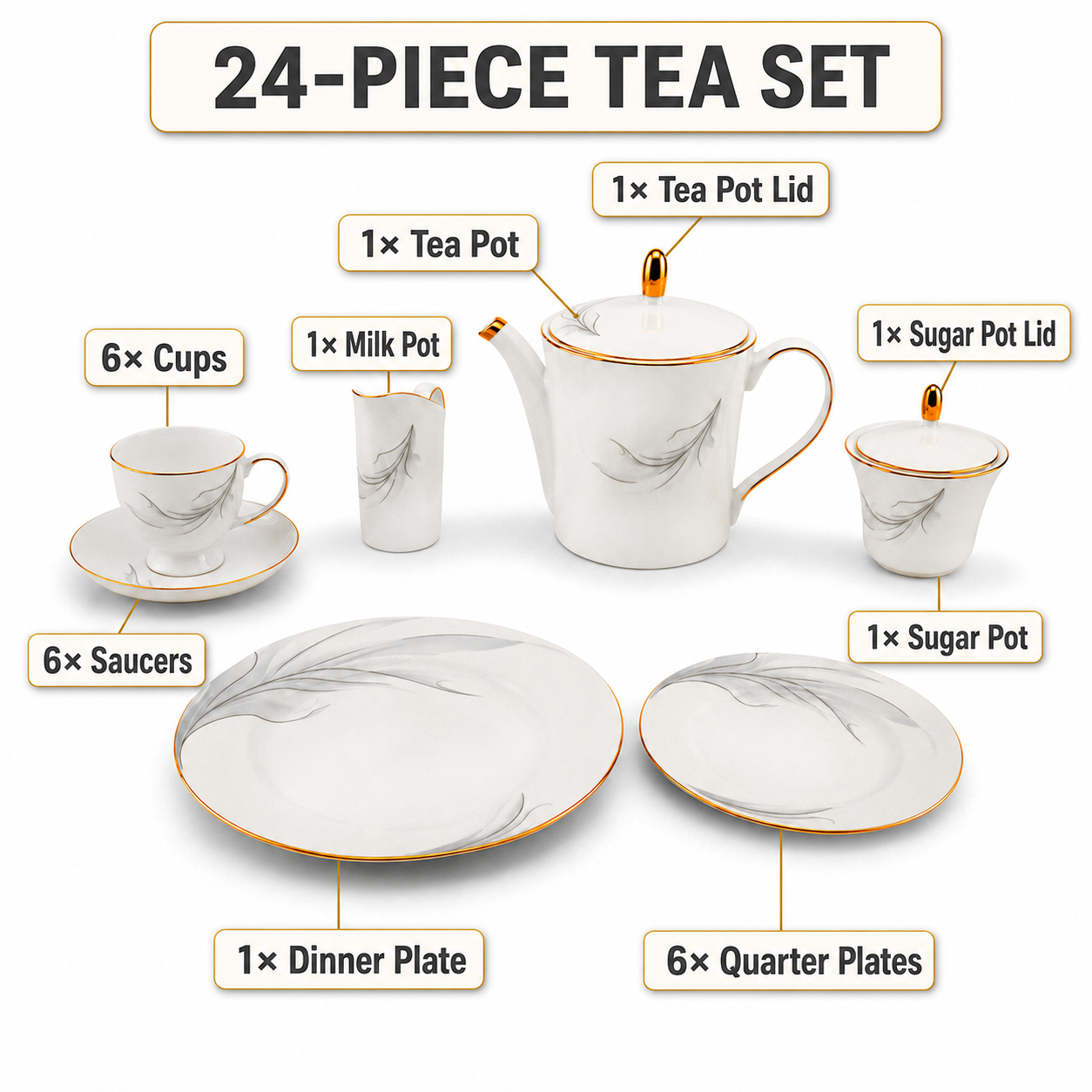 Onemore 24-Pieces 6-Serving Fine Bonne China Tea Sets