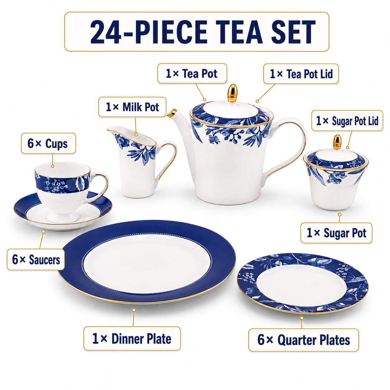 Onemore 24-Pieces 6-Serving Fine Bonne China Tea Sets