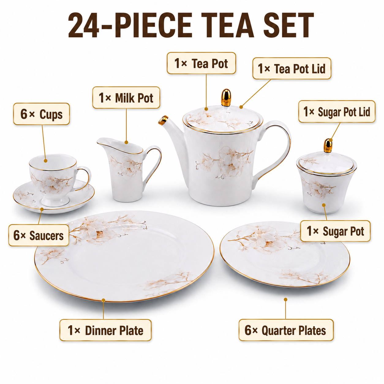 Onemore 24-Pieces 6-Serving Fine Bonne China Tea Sets