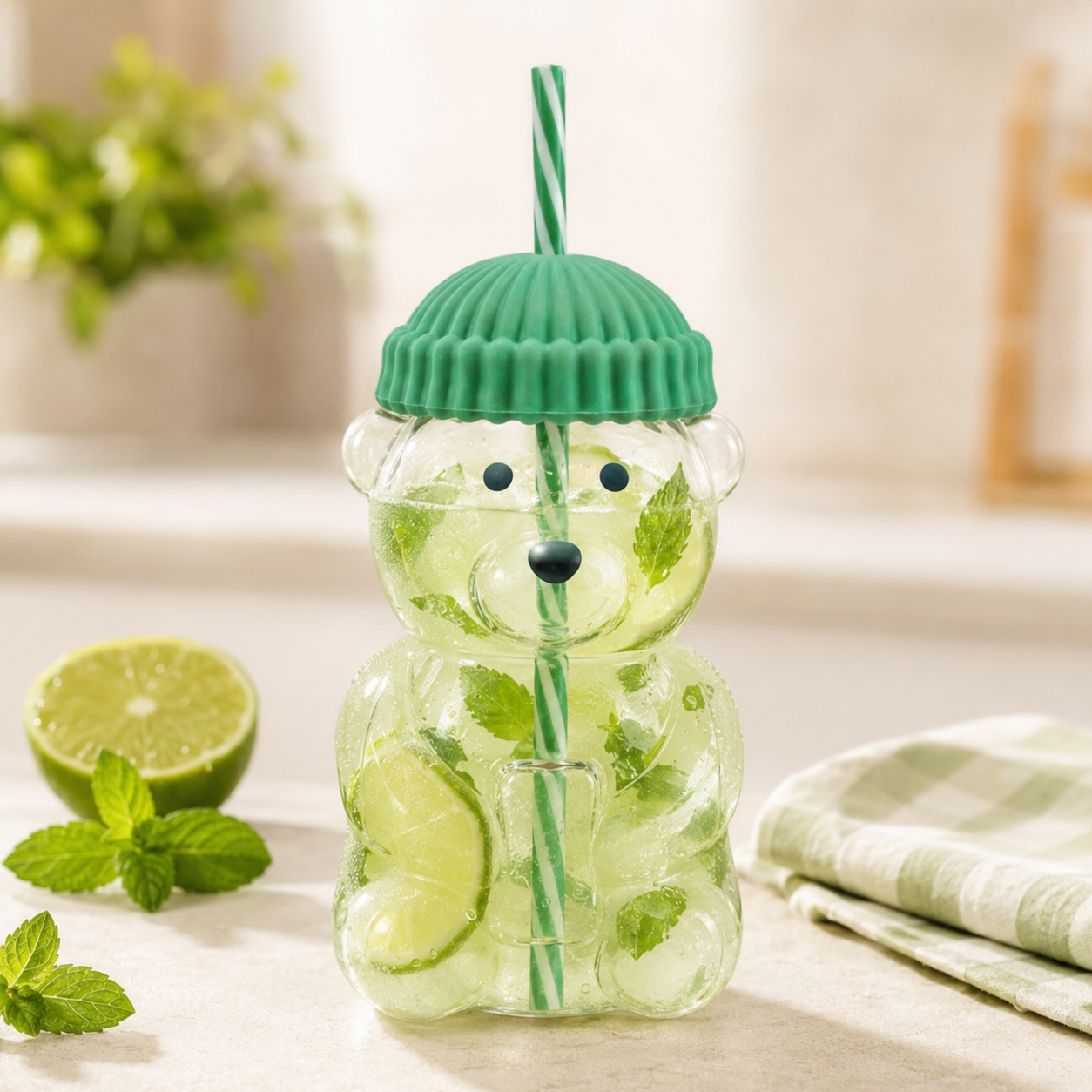 D.W.M 650 ML Bear Shaped Glass Mason Jars With Straw