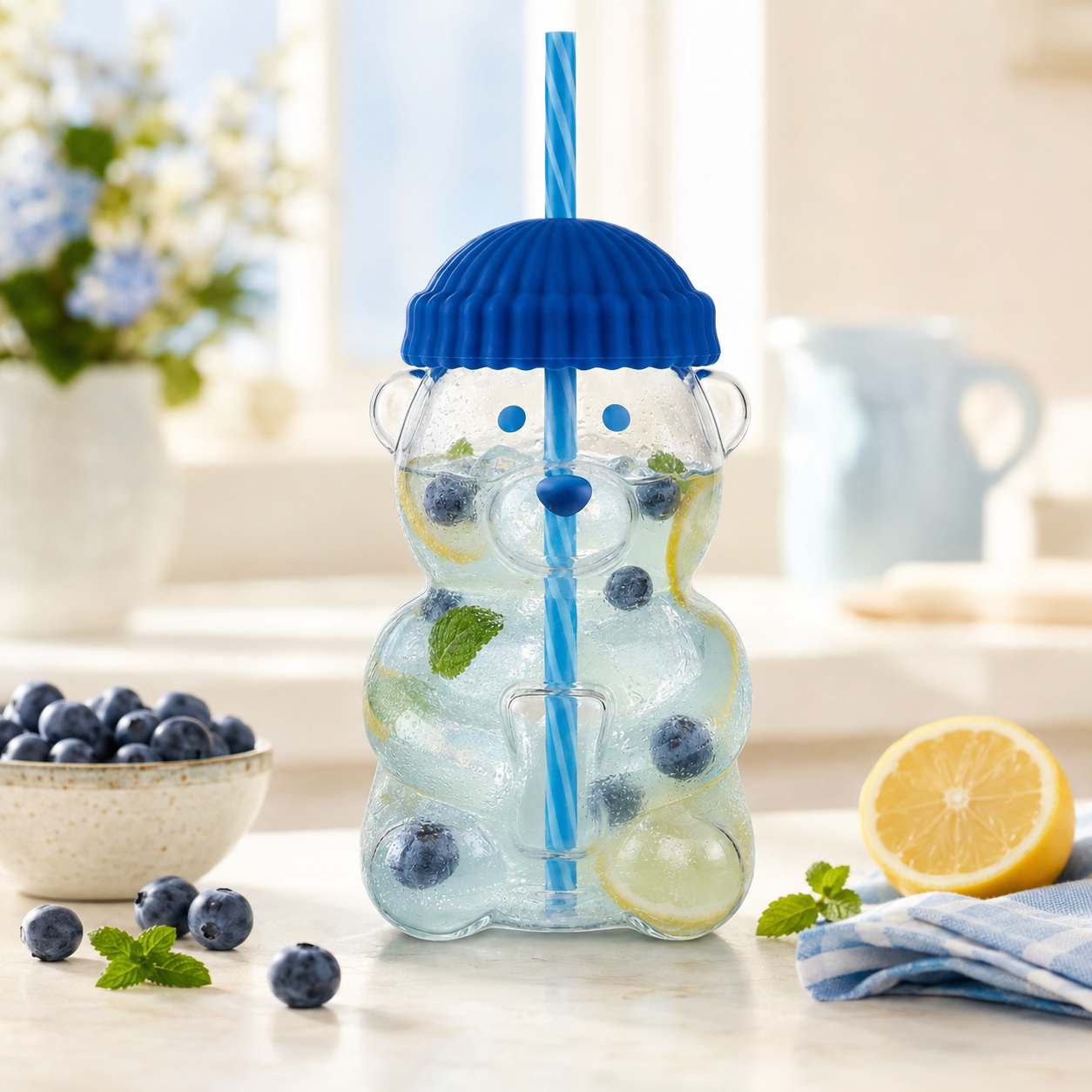 D.W.M 650 ML Bear Shaped Glass Mason Jars With Straw