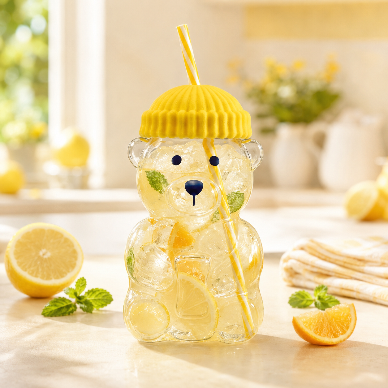 D.W.M 650 ML Bear Shaped Glass Mason Jars With Straw