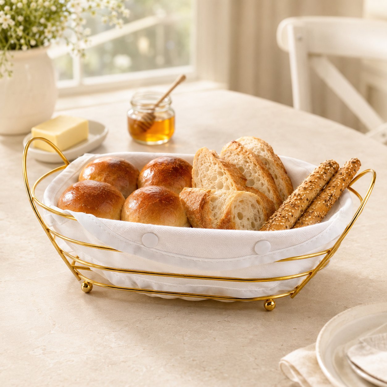 Pinpin Golden Metal Bread Basket with Fabric Lining