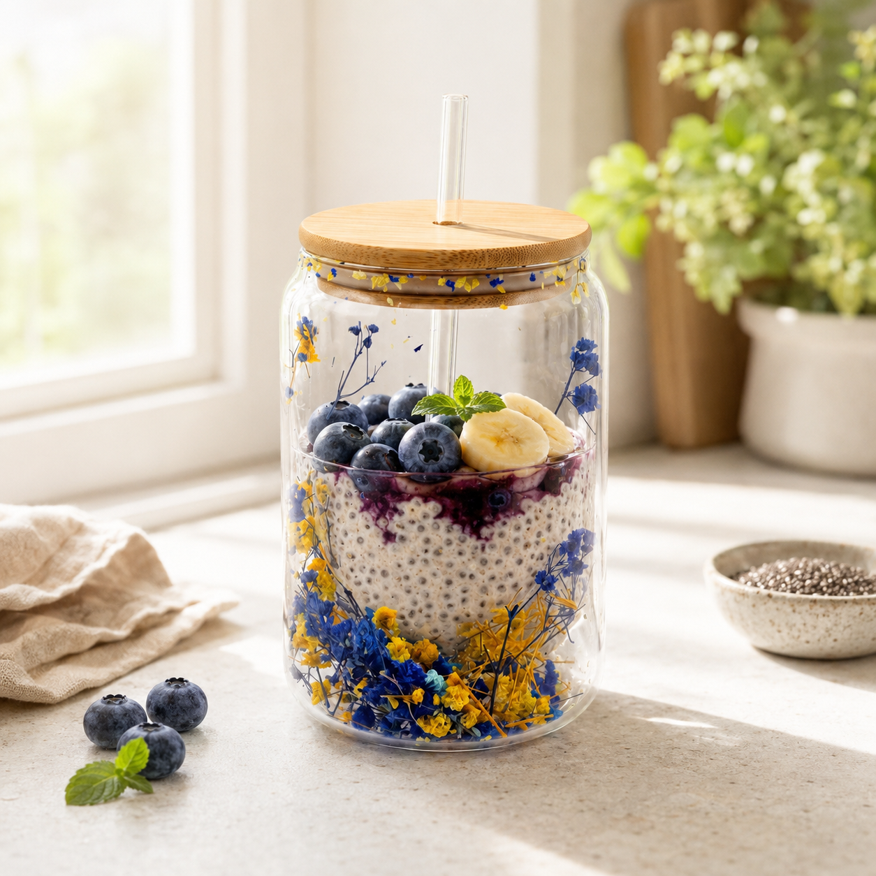 D.W.M 470 ML Double Wall Glass Mason Jar With Glass Straw