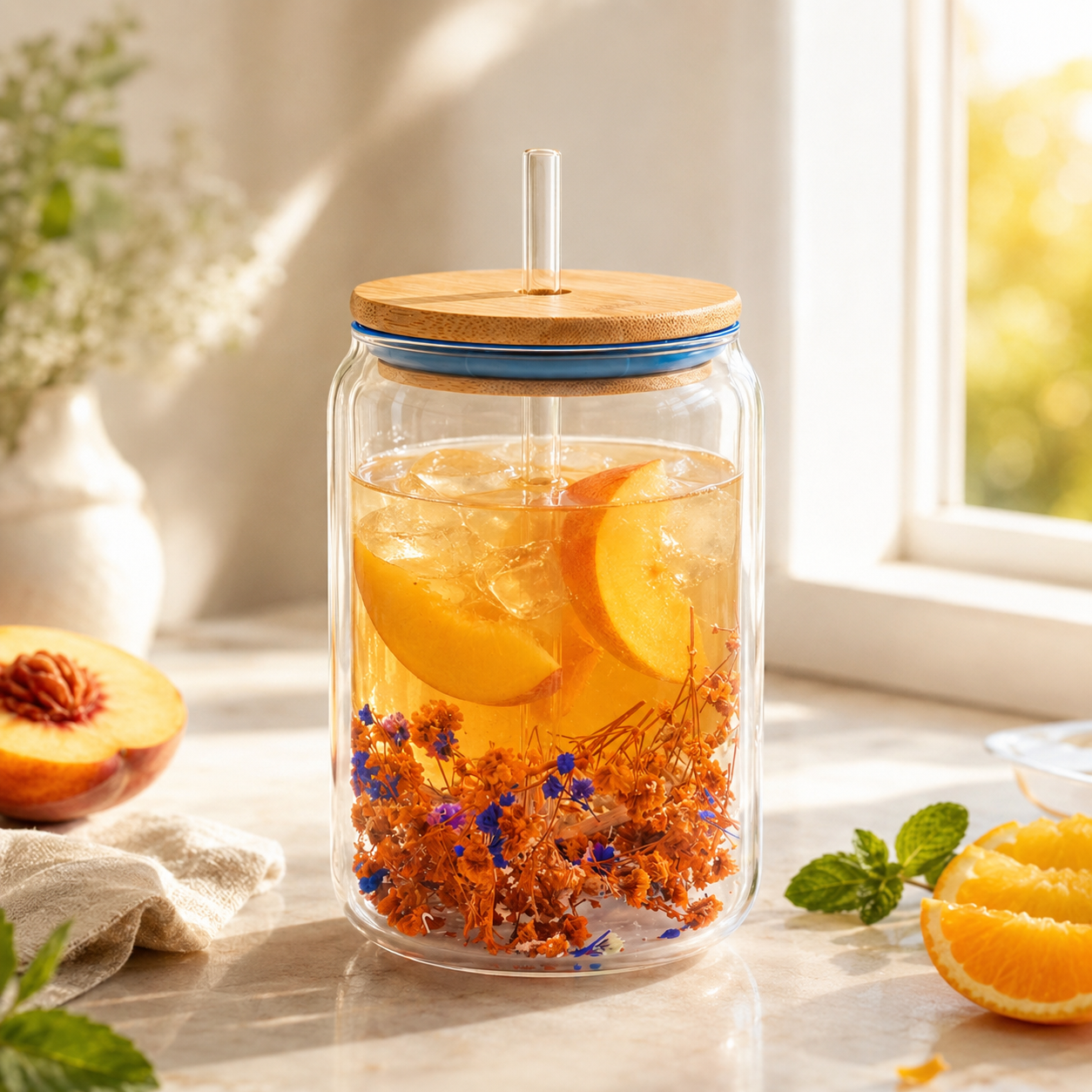 D.W.M 470 ML Double Wall Glass Mason Jar With Glass Straw