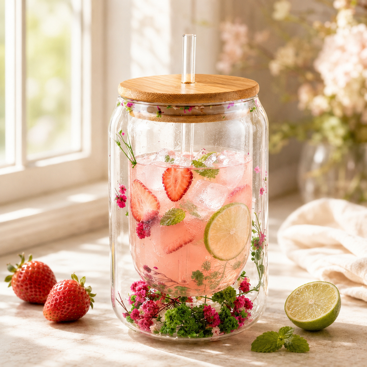 D.W.M 470 ML Double Wall Glass Mason Jar With Glass Straw