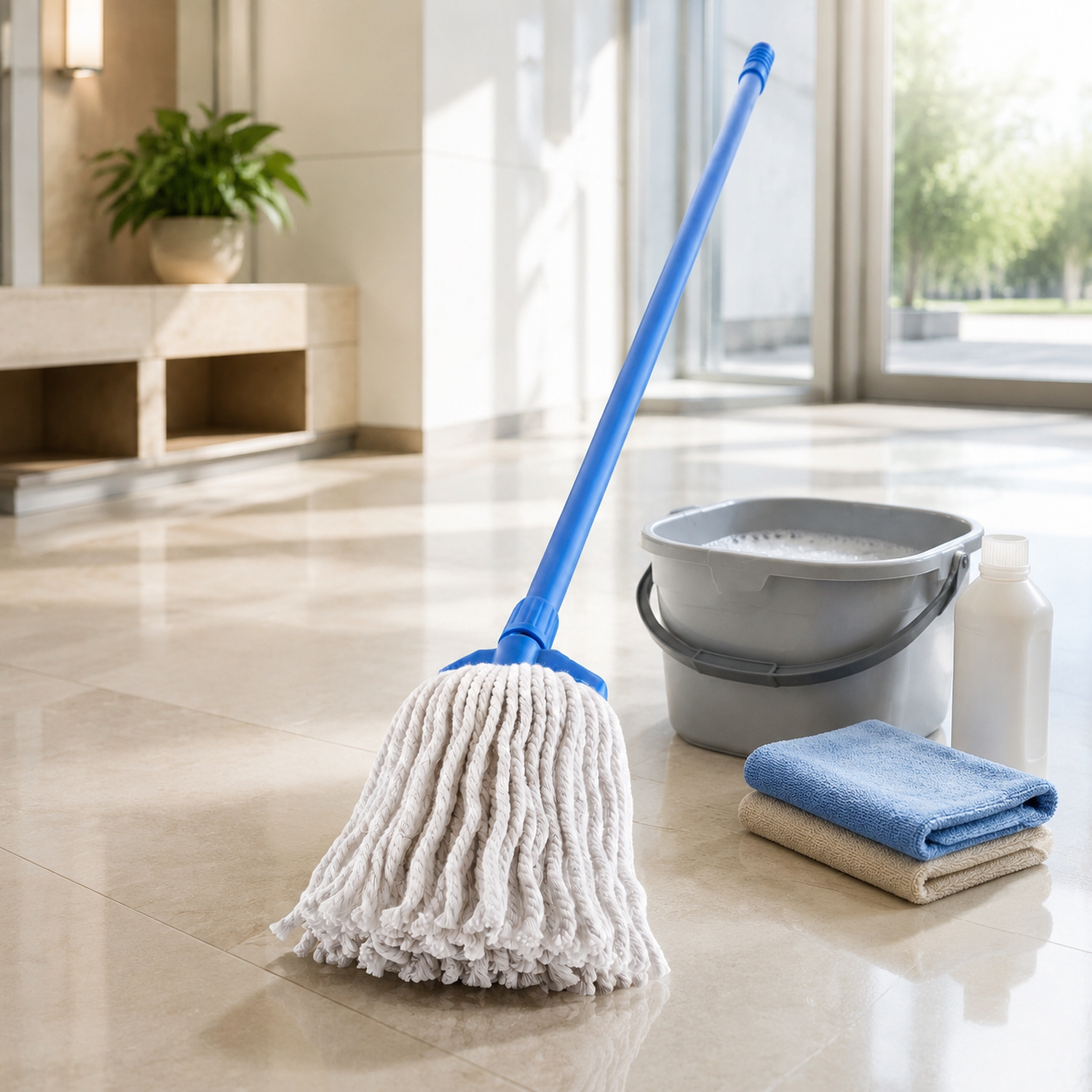 Clear 16-Inch Blue Handle Plastic Wet Mop