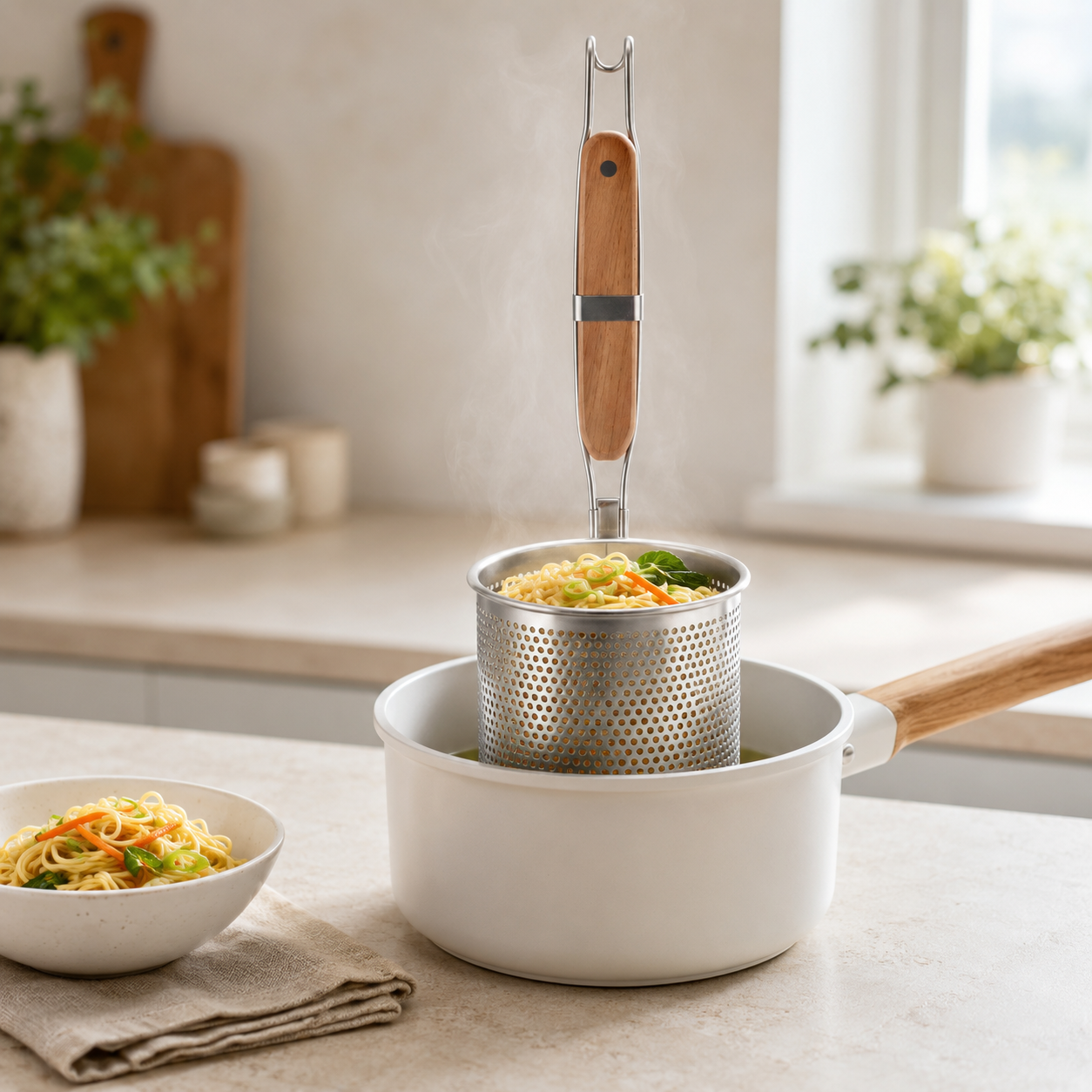 Yanek Stainless Steel Frying Mesh Baskets With Wooden Ladle