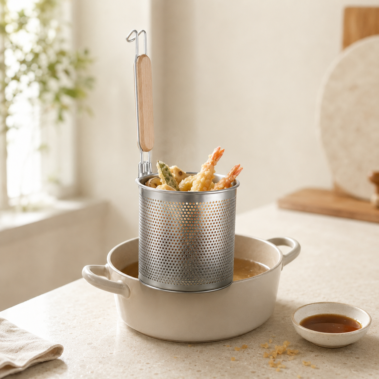 Yanek Stainless Steel Frying Mesh Baskets With Wooden Ladle