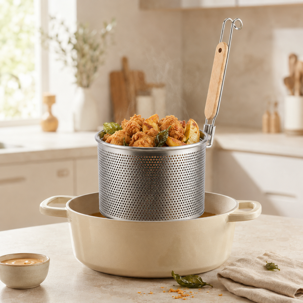 Yanek Stainless Steel Frying Mesh Baskets With Wooden Ladle