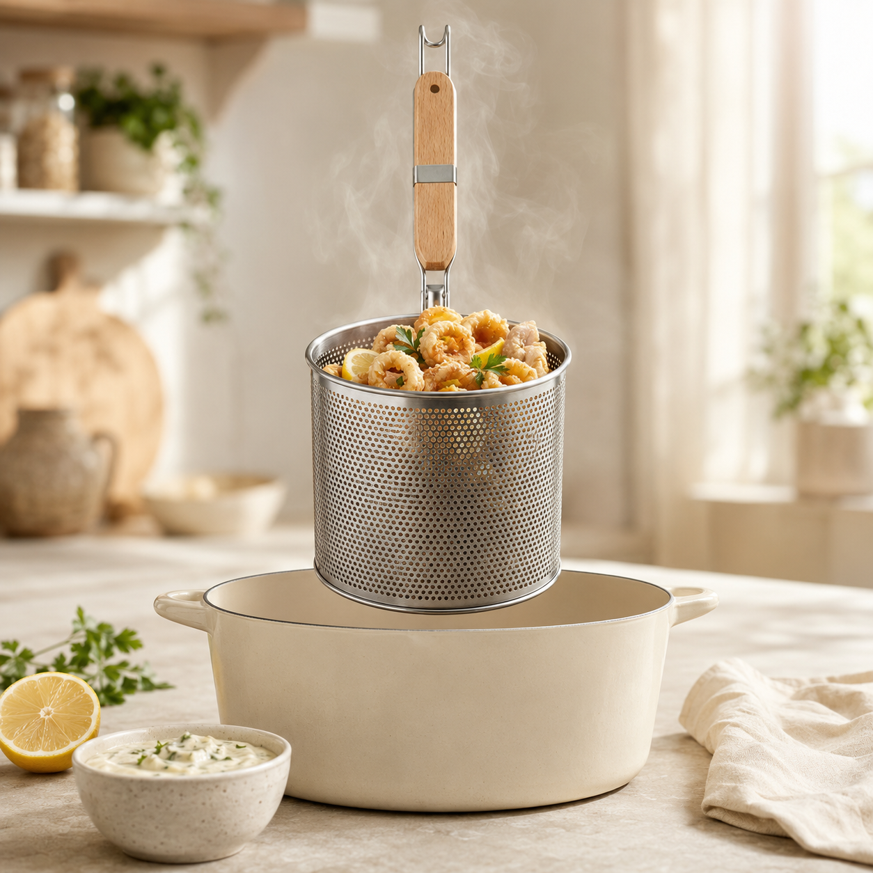Yanek Stainless Steel Frying Mesh Baskets With Wooden Ladle