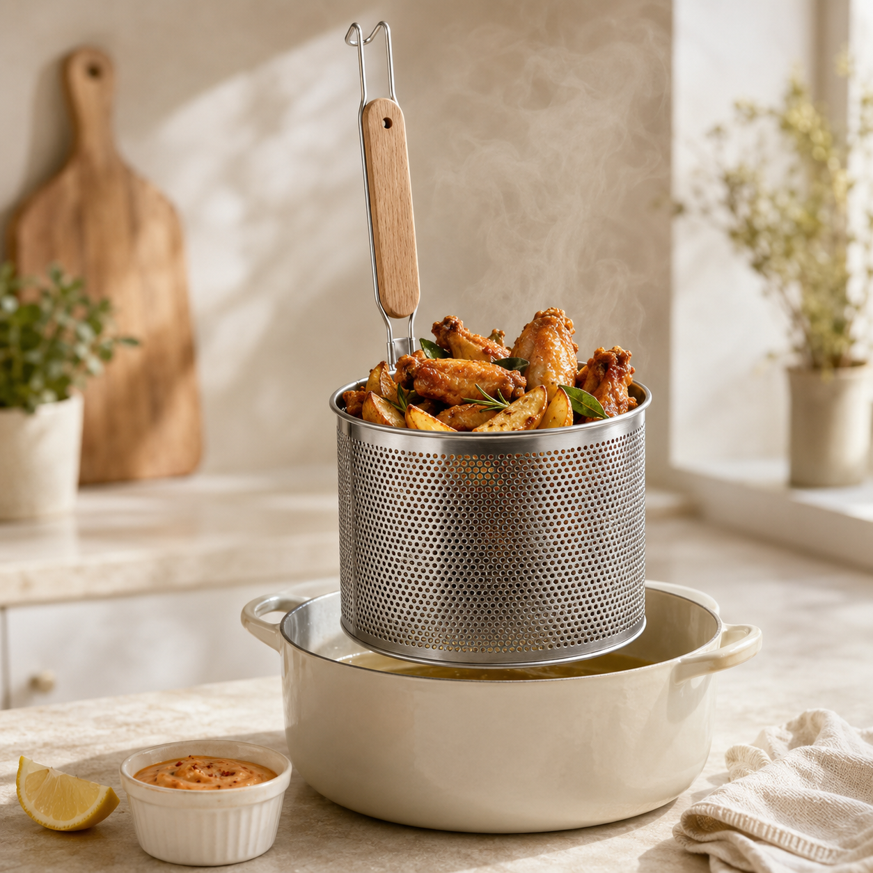 Yanek Stainless Steel Frying Mesh Baskets With Wooden Ladle