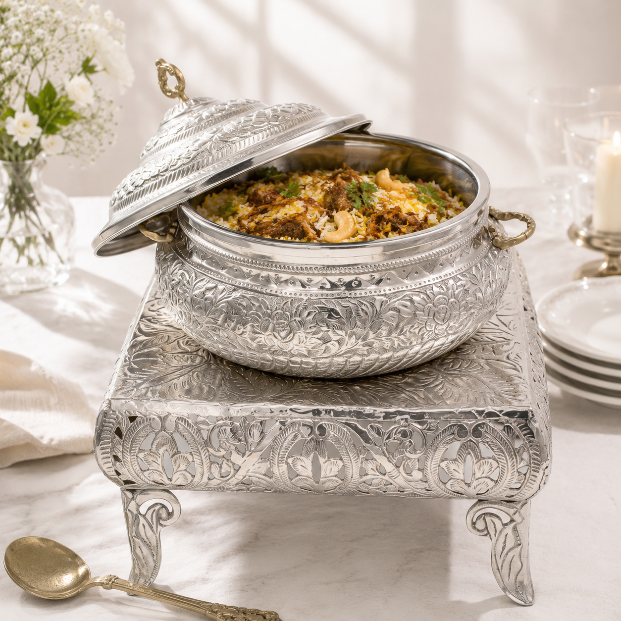 G.N 5-Liter, 4-Person Traditional Royal Silver Brass Food Warmer With Stand AND Stainless Steel Pot