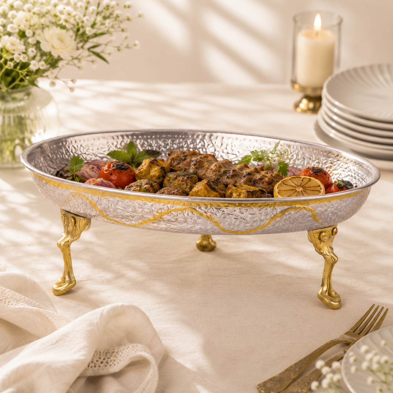 G.N 12-Inches Brass With Silver Coating Platter With Golden Stand
