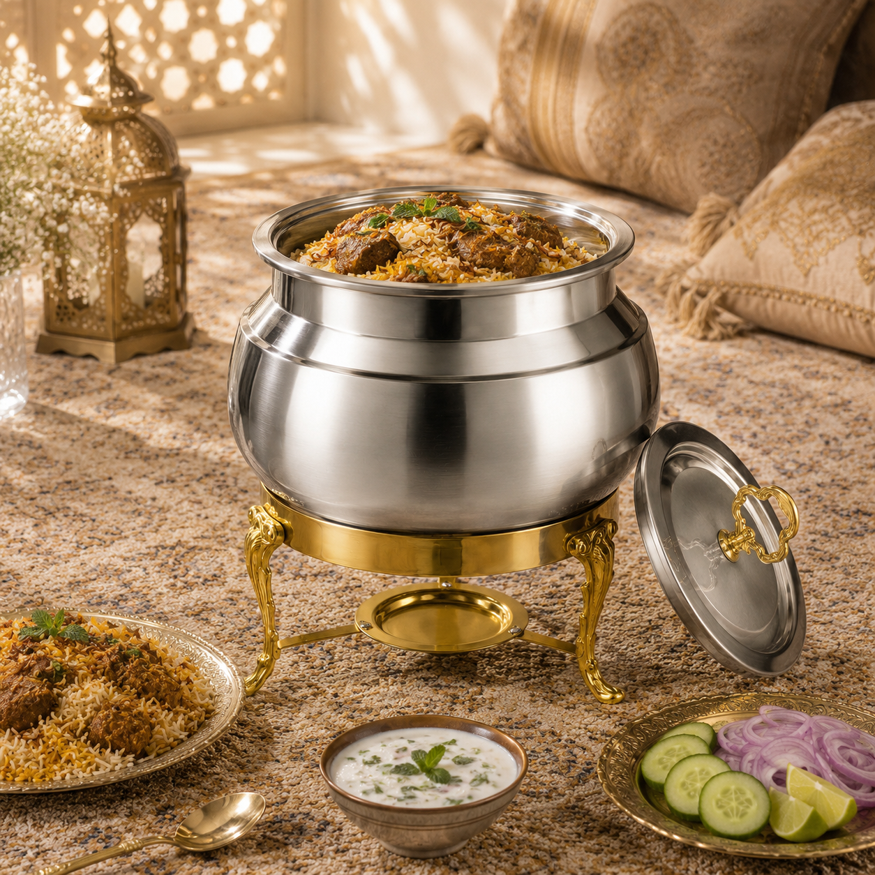G.N 5-Liters, 3-person Stainless Steel Round Daigs With Golden Stand