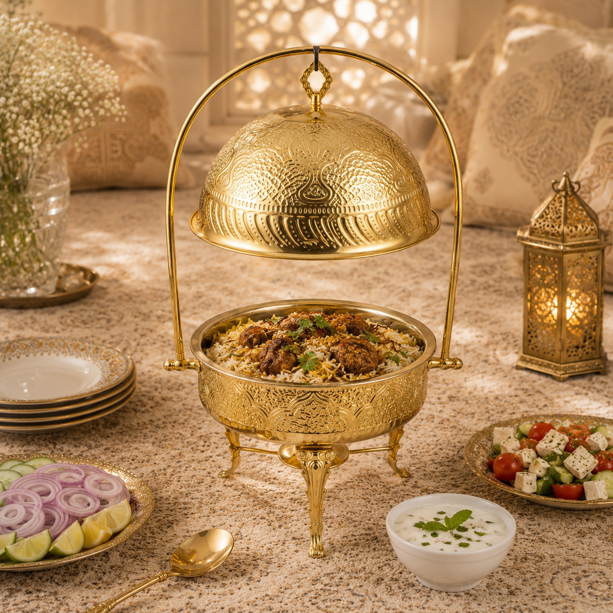 G.N 4-Liters, 4-person Round Hand-Crafted Round Brass Lift-Top Chafing Dishes With Golden Stand