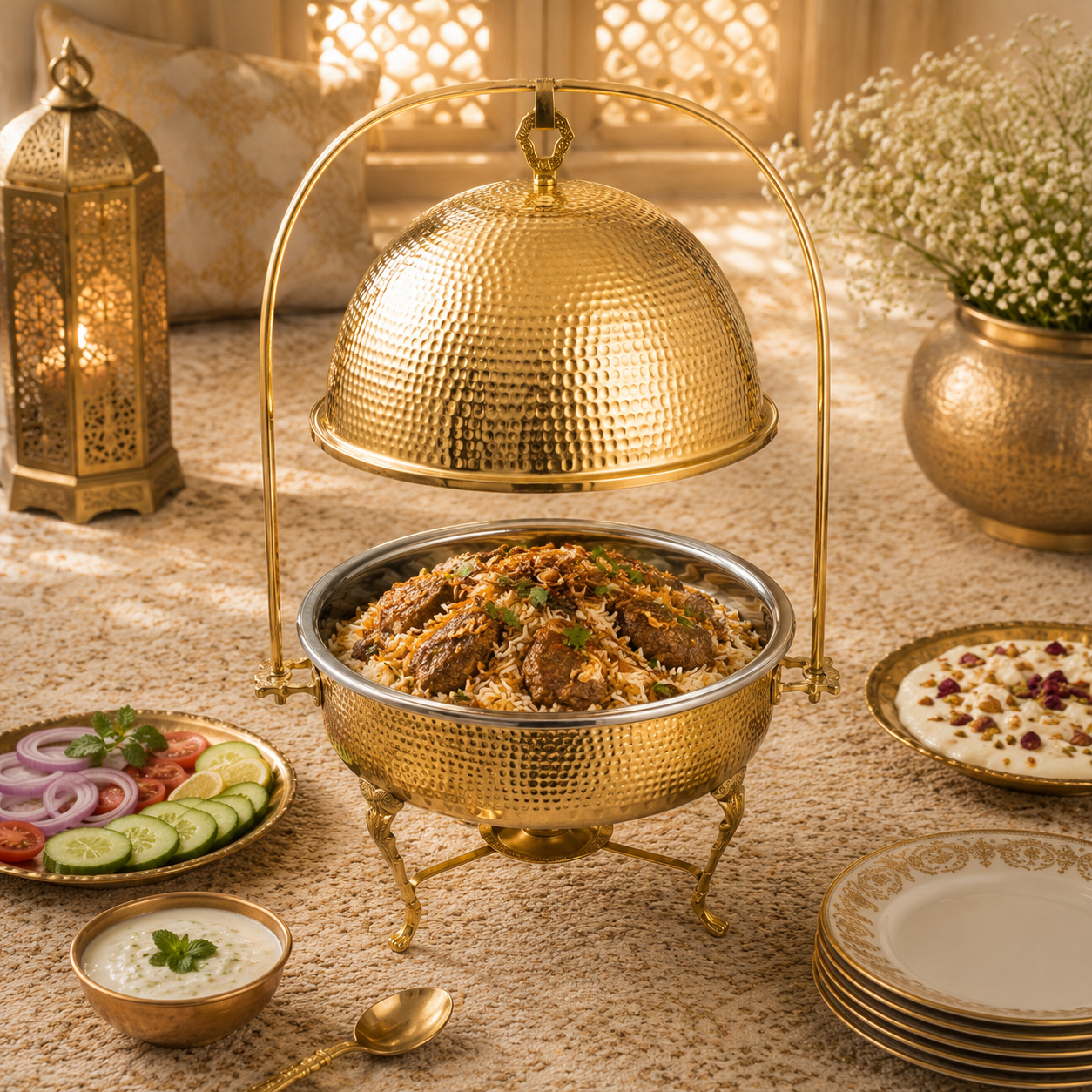 G.N 5-liter, 5-person Hand-Crafted Brass Round Lift-Top Chafing Dishes
