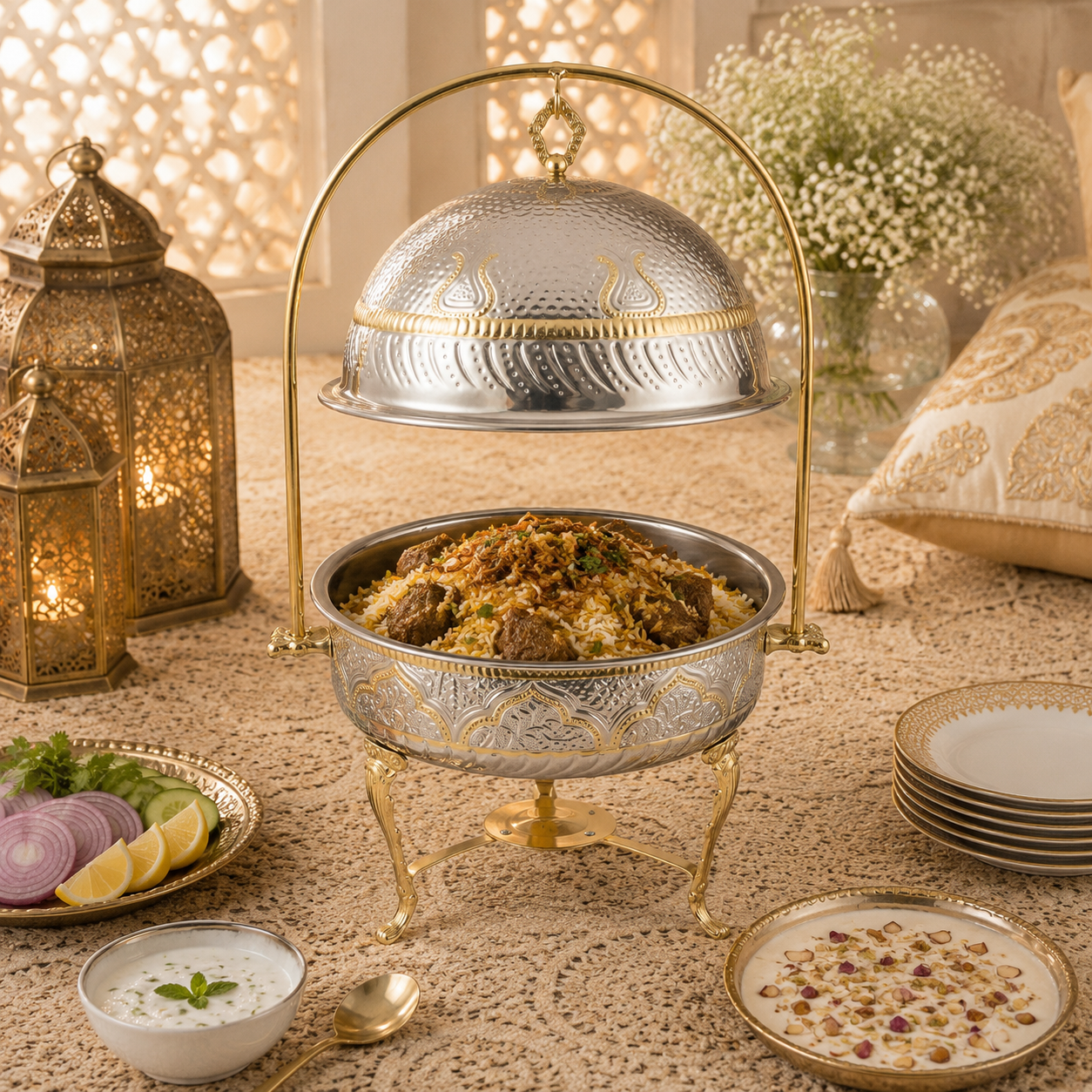 G.N 5-liter, 5-person Round Silver Brass Chafing Dish With Golden Design AND Golden Stand