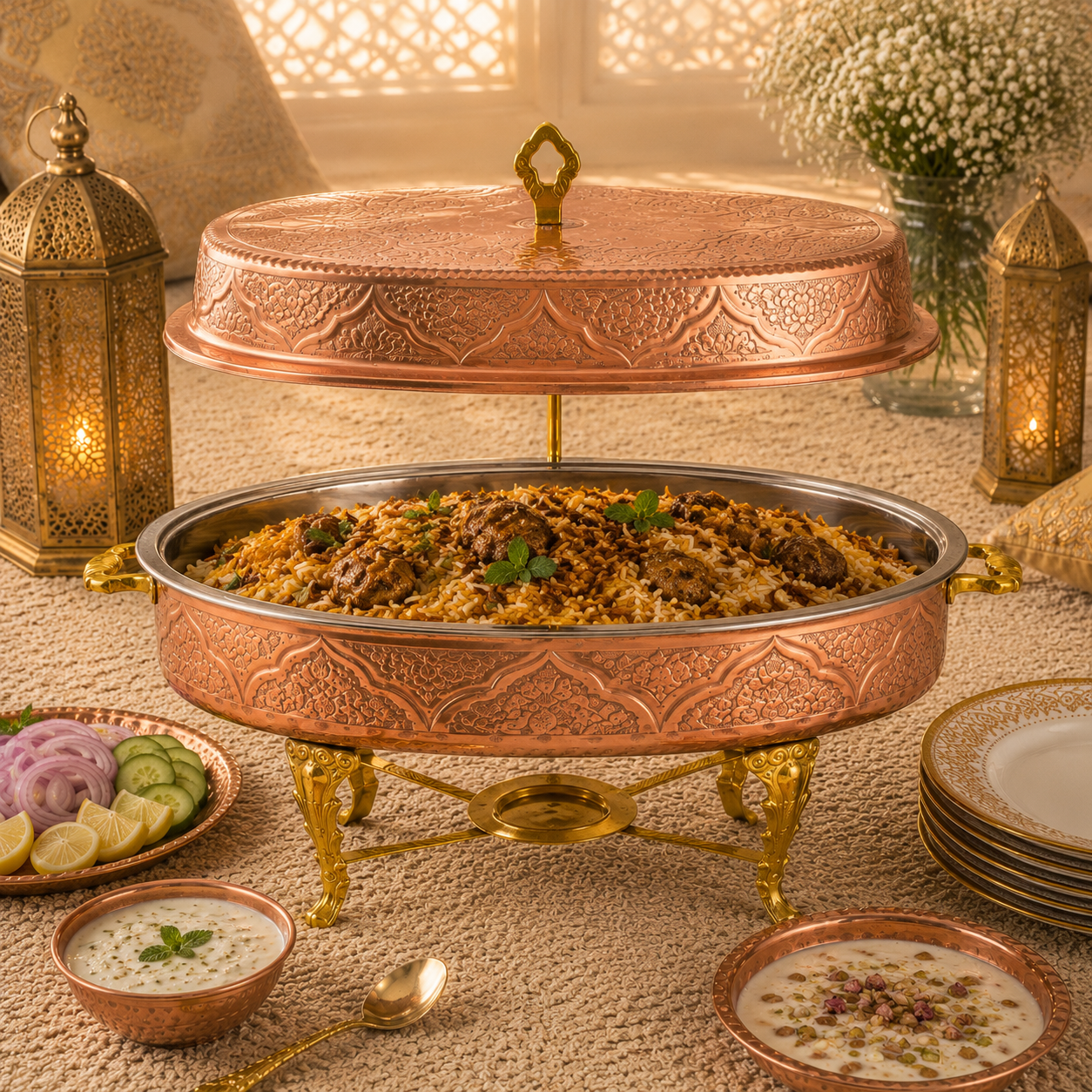 G.N 5-Liter, 5-Person Oval Copper Brass Lift-Top Chafing Dish With Golden Stand