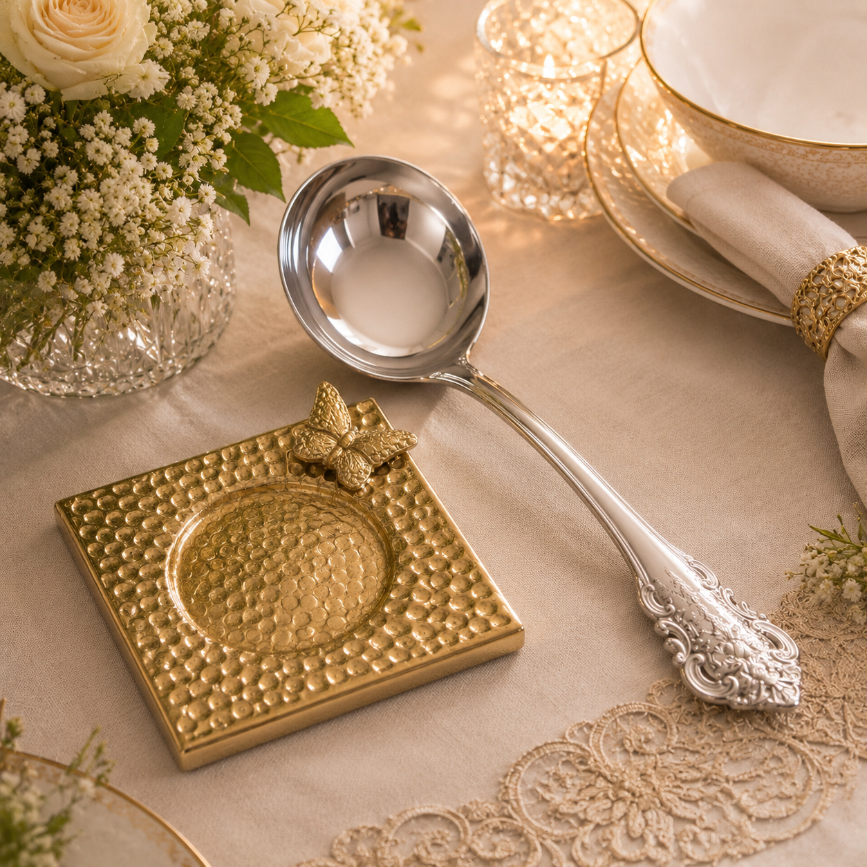 G.N 5*5 Inches Square Hammered Golden Brass Butterfly Design Spoon Rest
