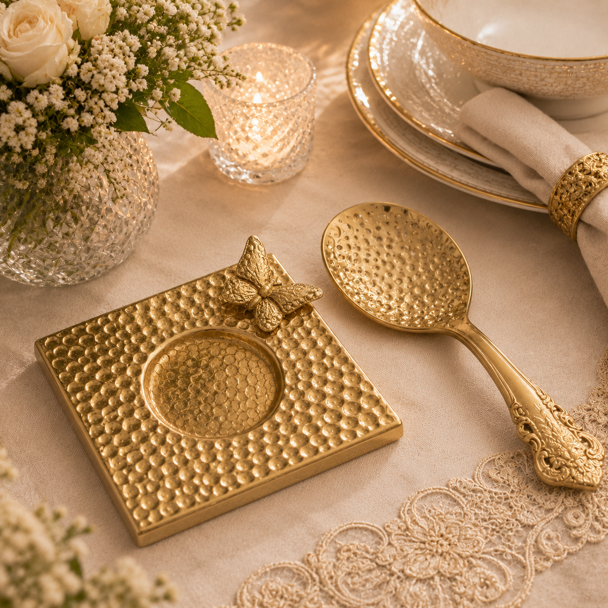 G.N 5*5 Inches Square Hammered Golden Brass Butterfly Design Spoon Rest