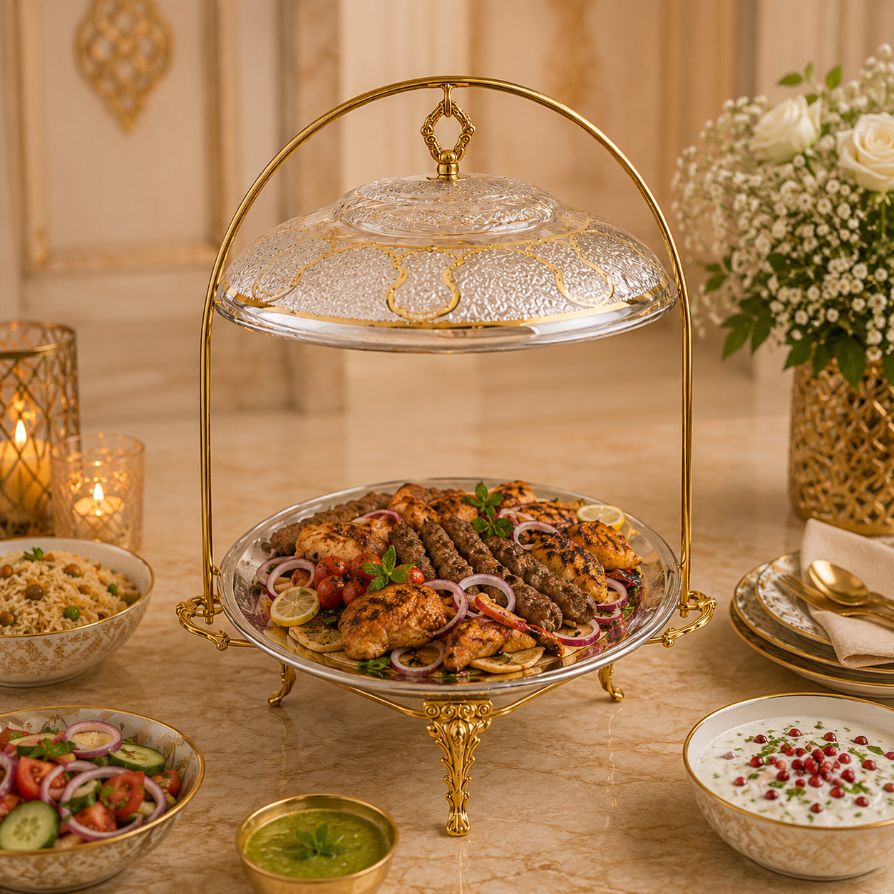 G.N 18-Inches, 5-Person Serving Brass Round Top-Lid Barbeque Platters With Golden Stand