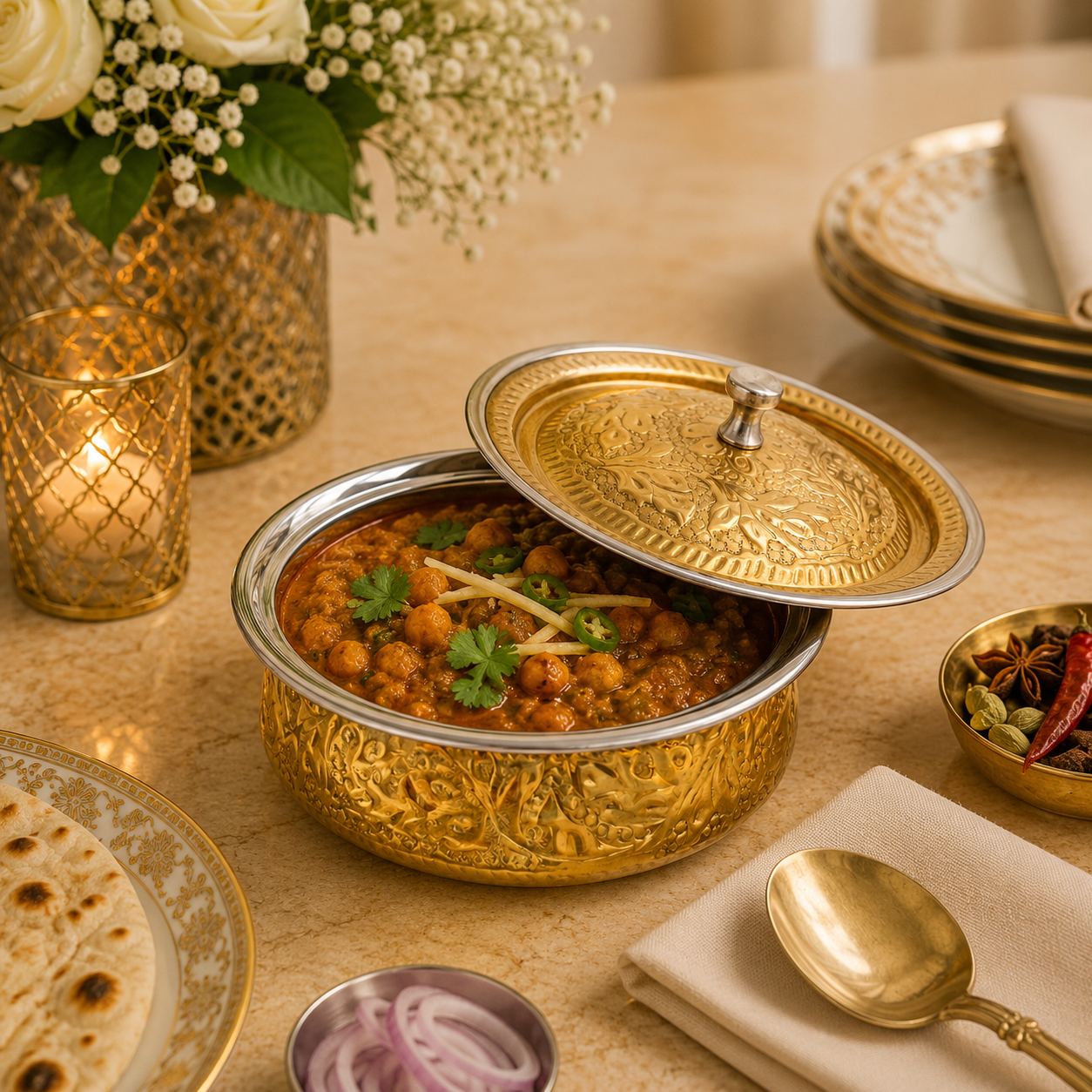 R.S Brass Golden Coating Naqshi Serving Pot