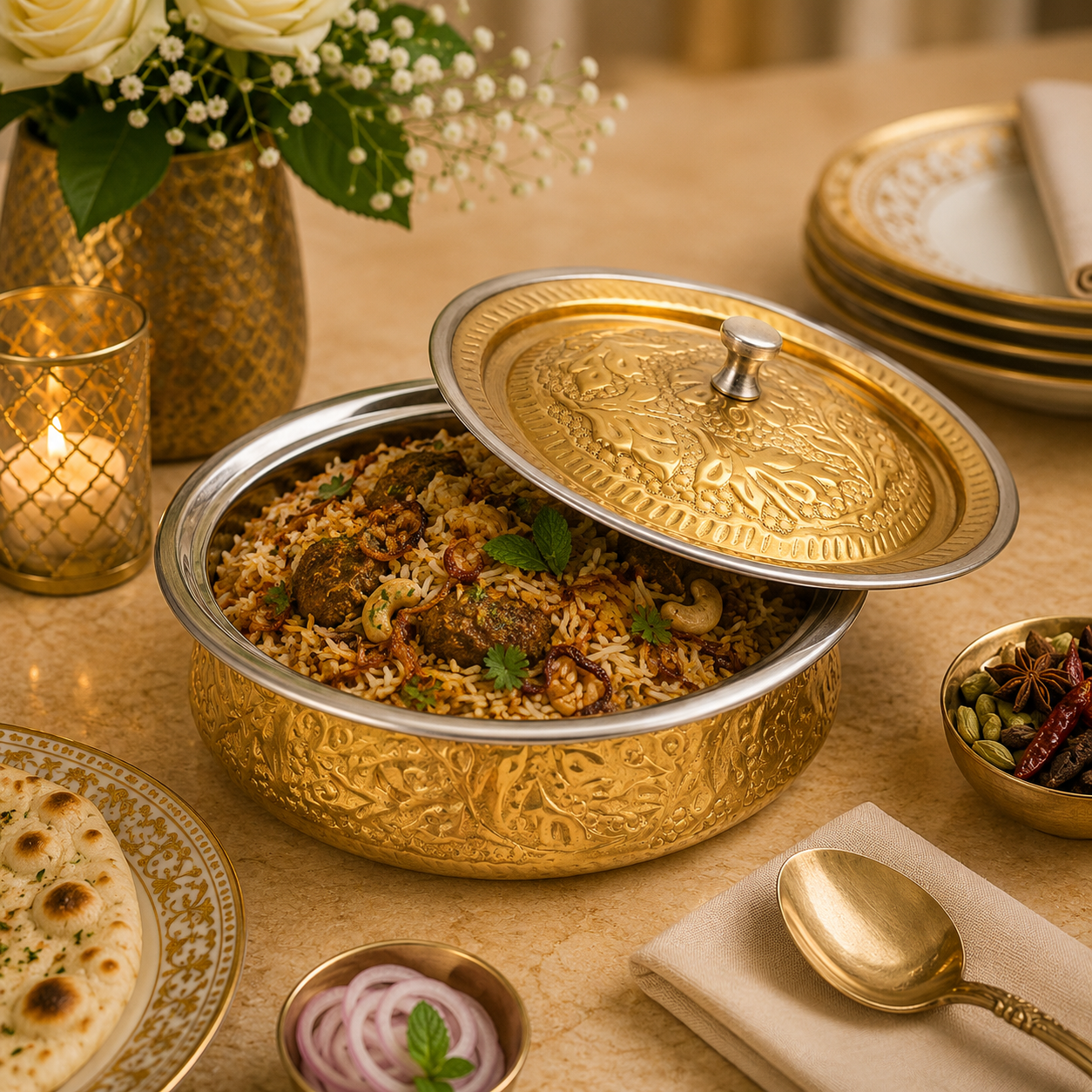 R.S Brass Golden Coating Naqshi Serving Pot