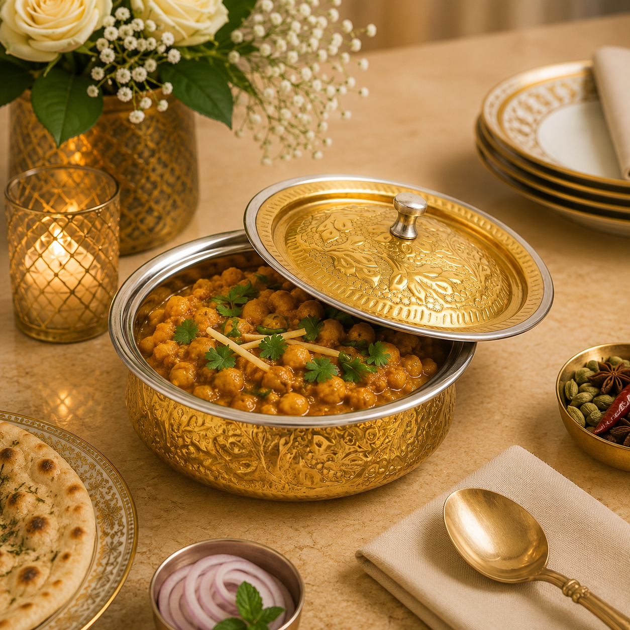 R.S Brass Golden Coating Naqshi Serving Pot