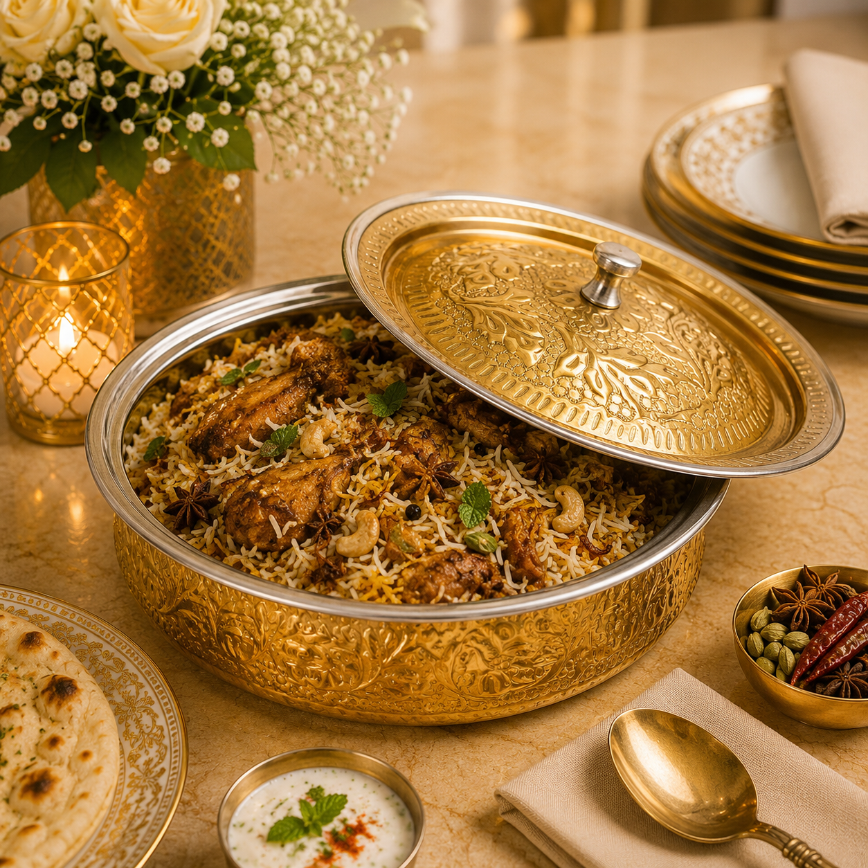 R.S Brass Golden Coating Naqshi Serving Pot