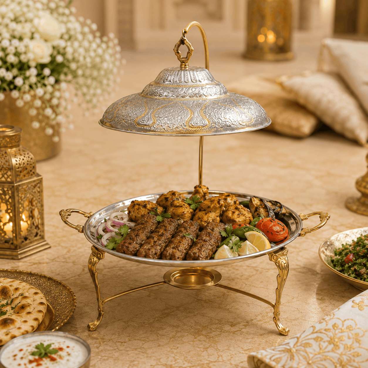 G.N 14-Inches, 3-Person Round Brass Top-Lid Barbeque Platter With Golden Stand Kaka Bawa Sons