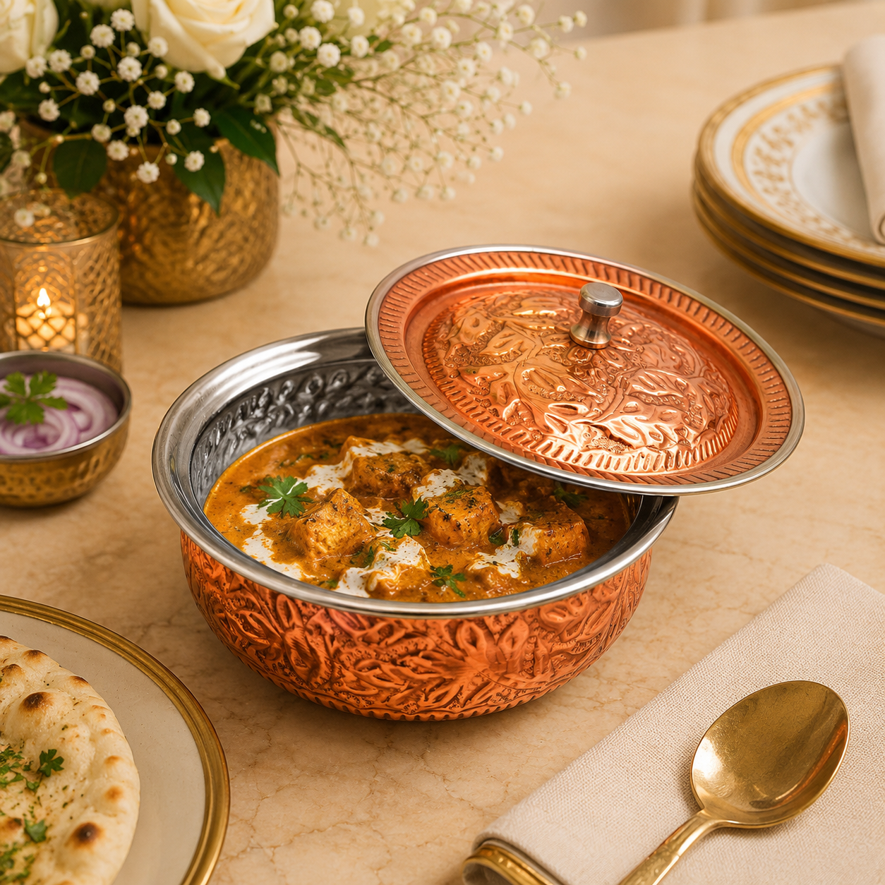 R.S Brass Copper Coating Serving Naqshi Handi