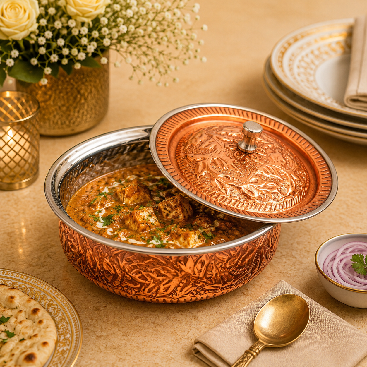 R.S Brass Copper Coating Serving Naqshi Handi
