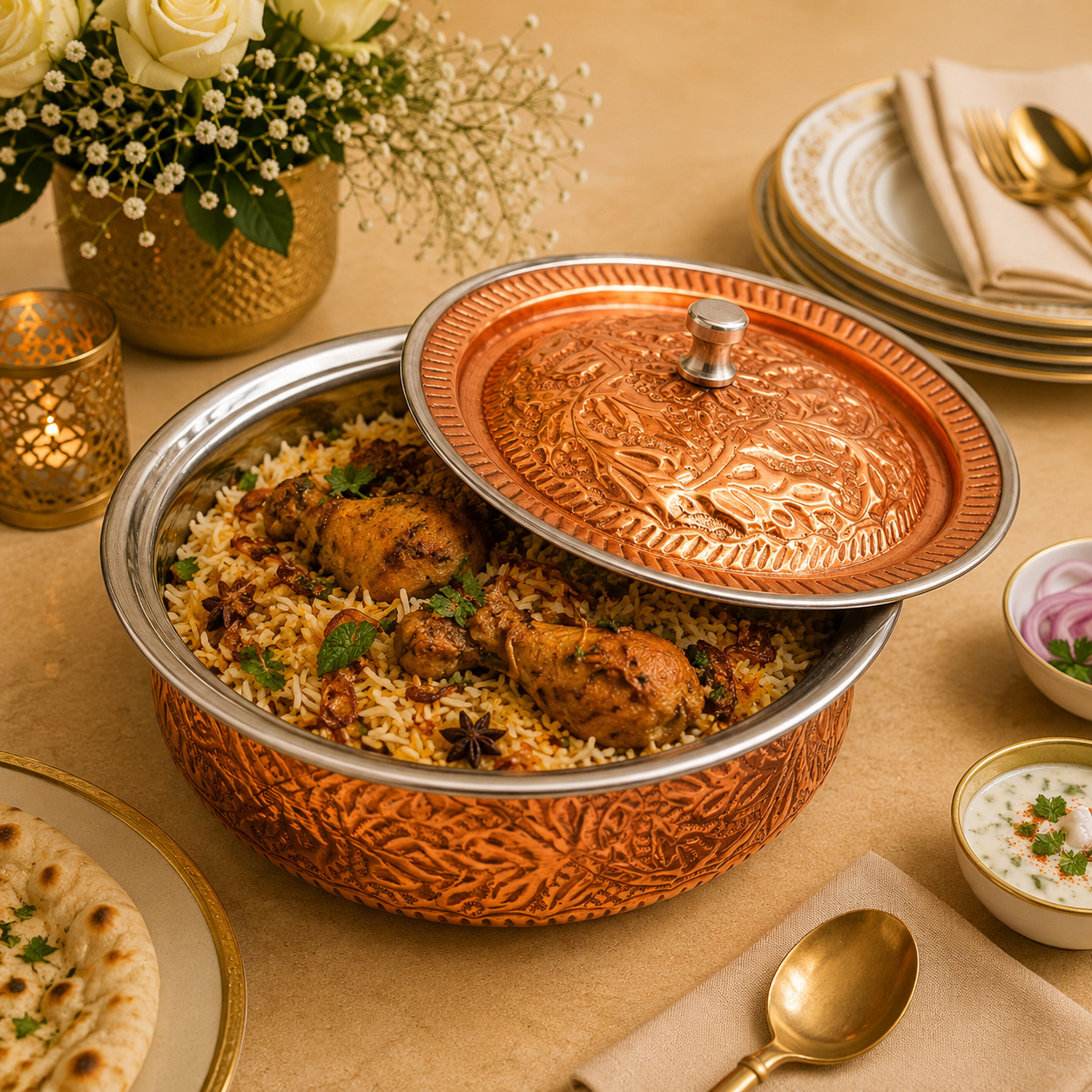 R.S Brass Copper Coating Serving Naqshi Handi