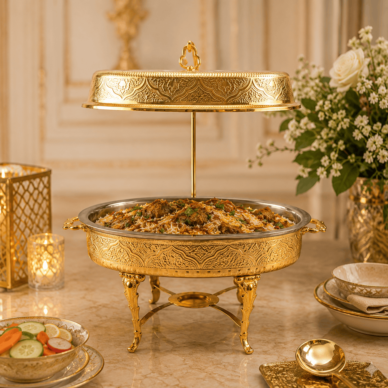 G.N 5-Liter, 5-Person Oval Brass Lift-Top Chafing Dishes With Golden Stand Kaka Bawa Sons